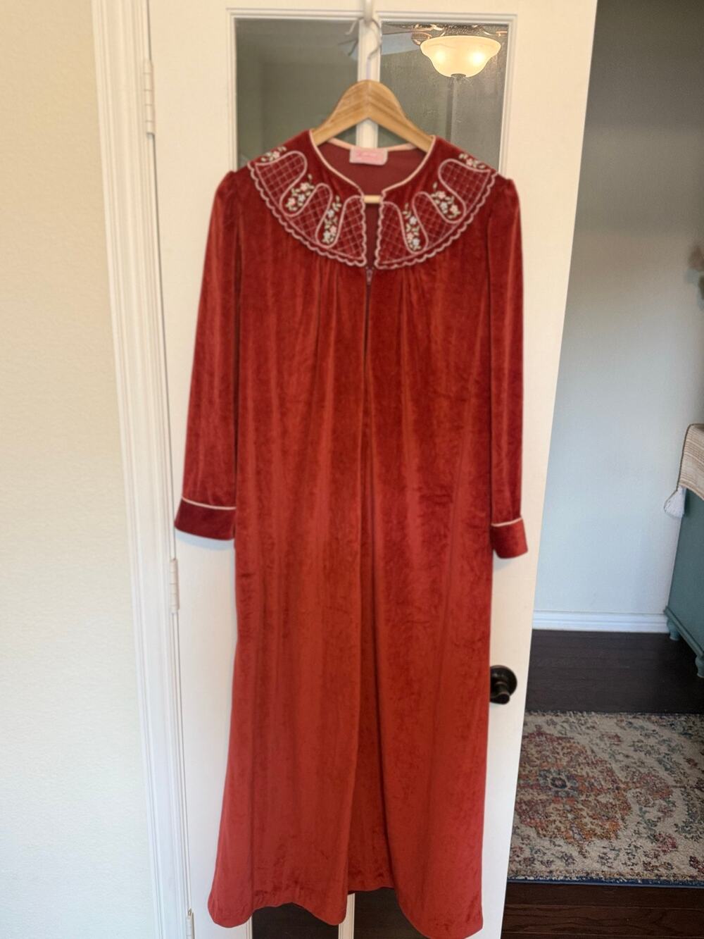 Vintage 70s 80s Heather Collection Velour Robe S Embroidered Made USA rust